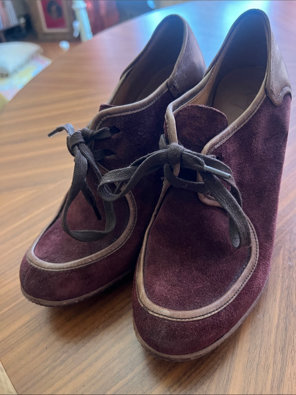 Naya Burgundy Suede Lace-Up Wedge Heels